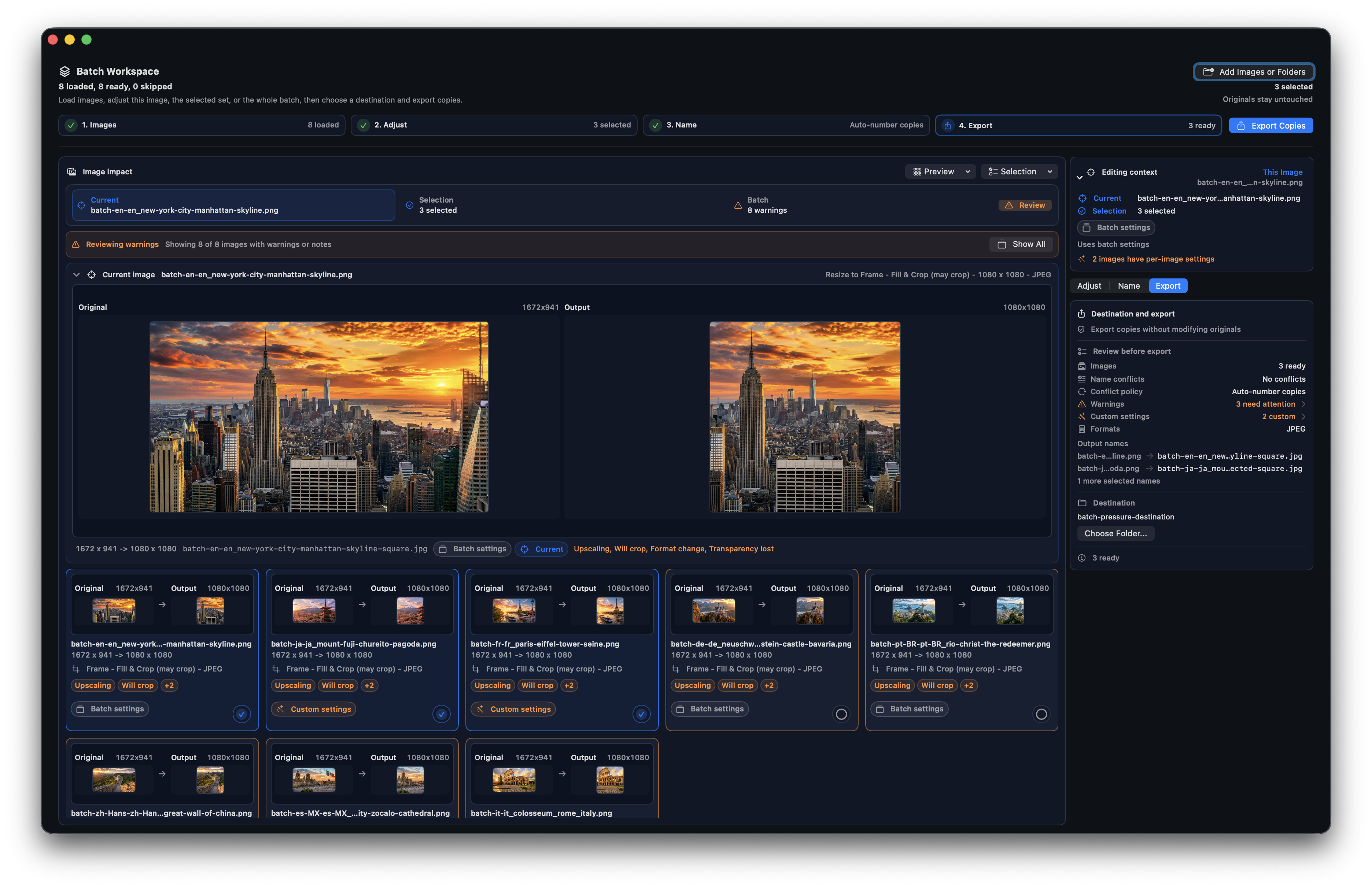 Raw version 2.4 app screenshot showing different Export Recipes applied to selections inside one batch job.