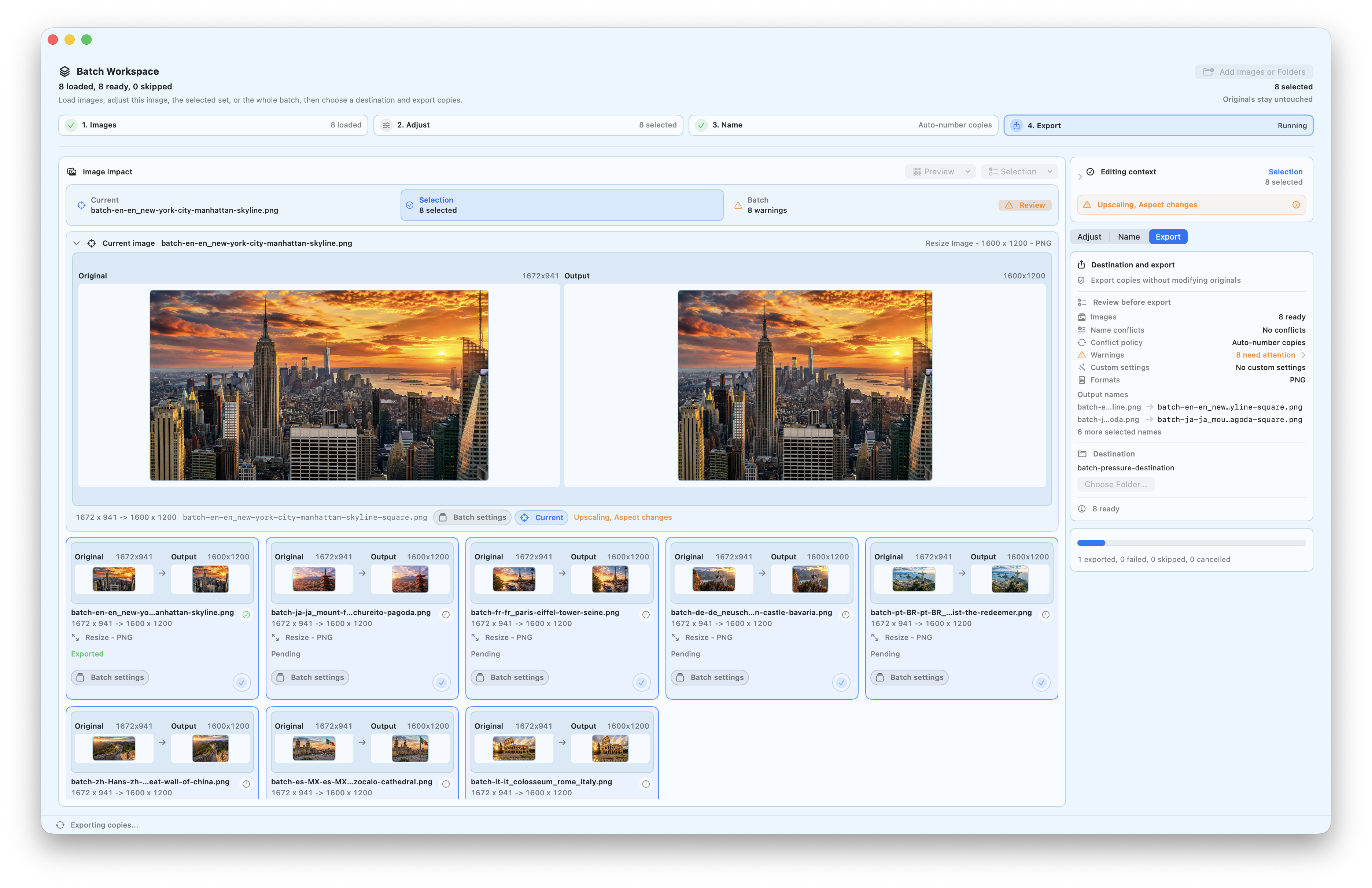Raw version 2.4 app screenshot showing Batch Workspace with staged images, output settings, and batch export controls.