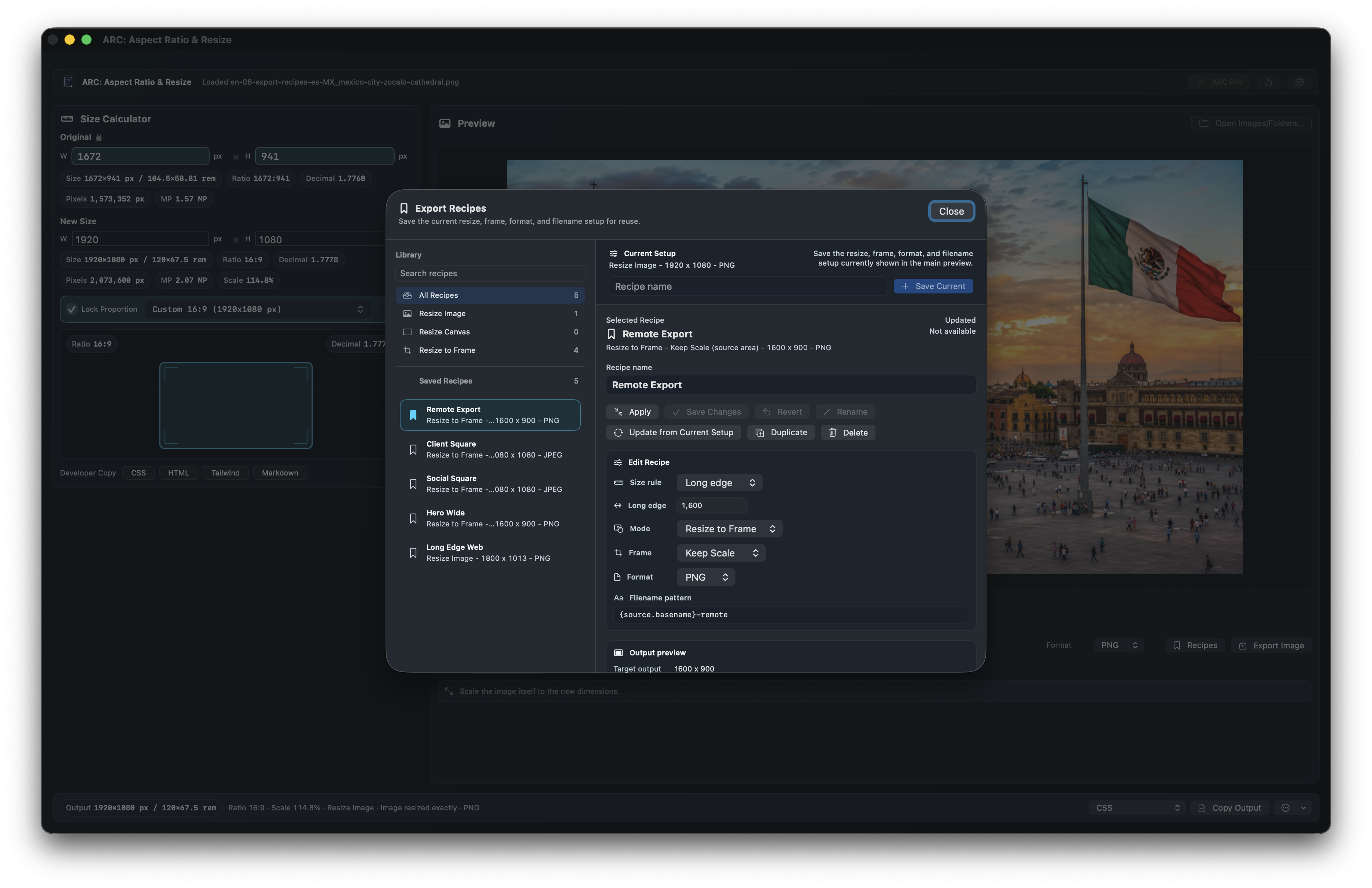 Raw version 2.4 app screenshot showing saved export recipes, export filename templates, and repeatable export settings.
