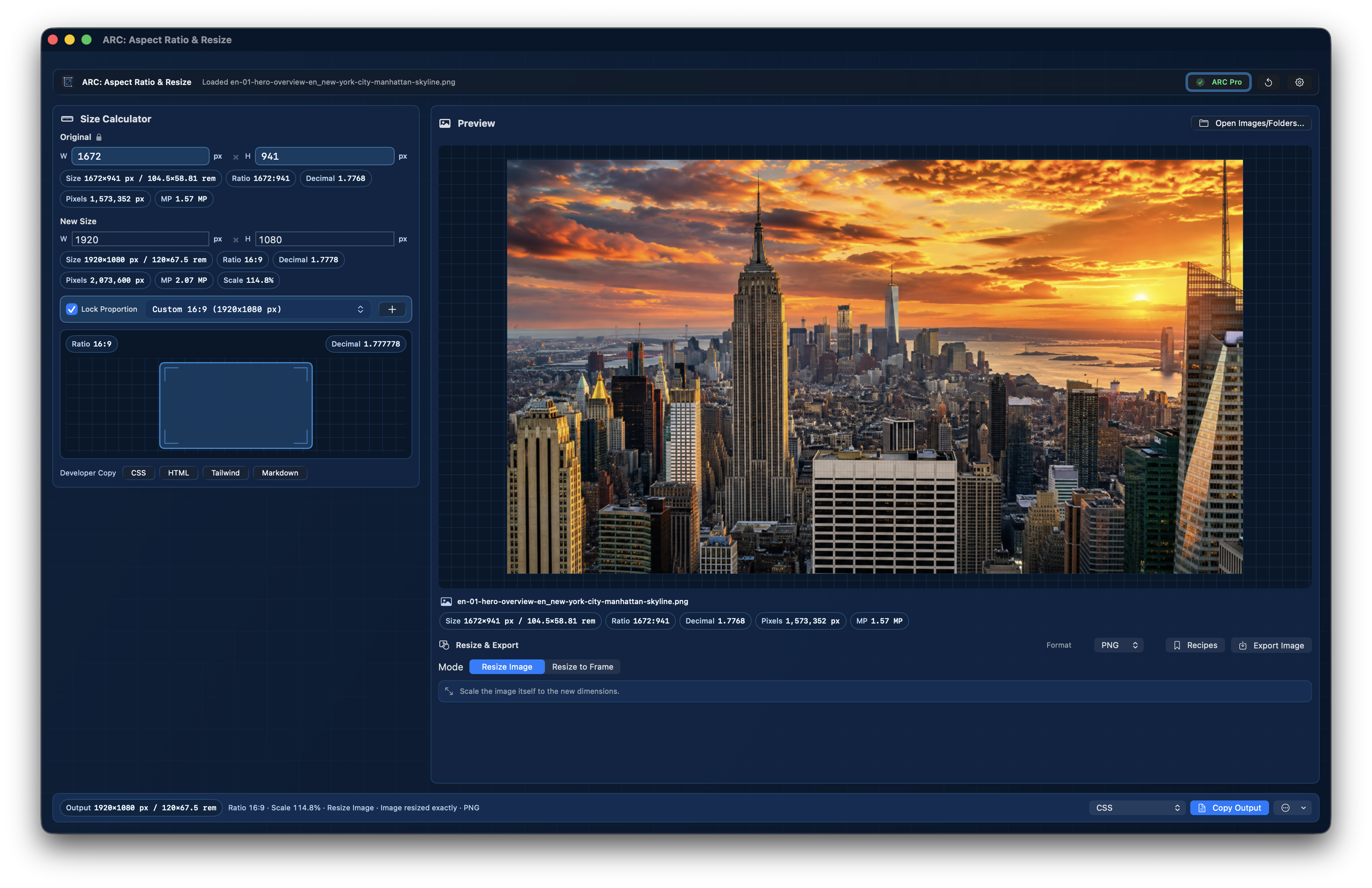 Raw version 2.4 app screenshot showing Resize Image mode with a proportional 16:9 output preview.