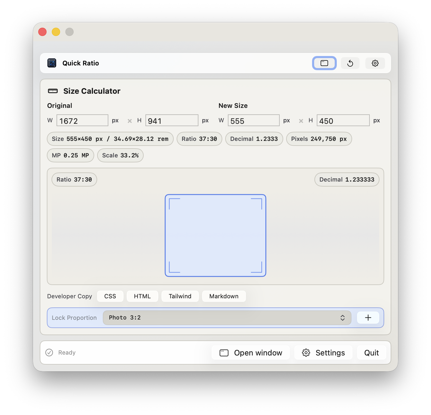 Raw version 2.4 app screenshot showing Pro, Quick Ratio, and workspace theme settings.