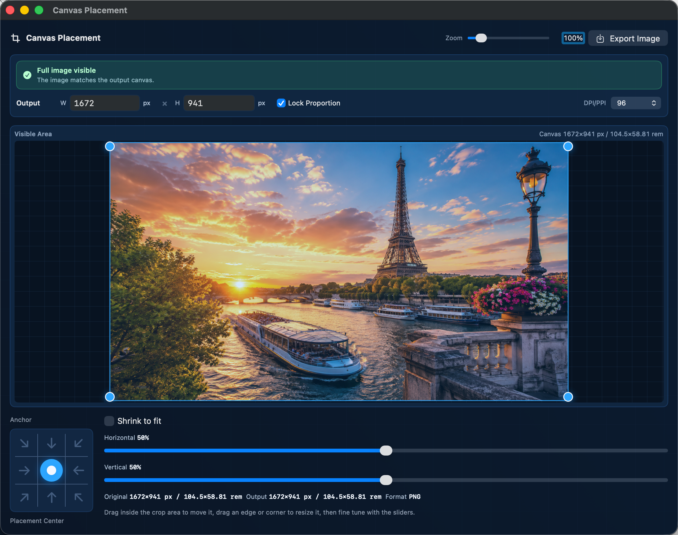 Blueprint Mode Canvas Placement window showing a dark grid, output frame, and visible image area.