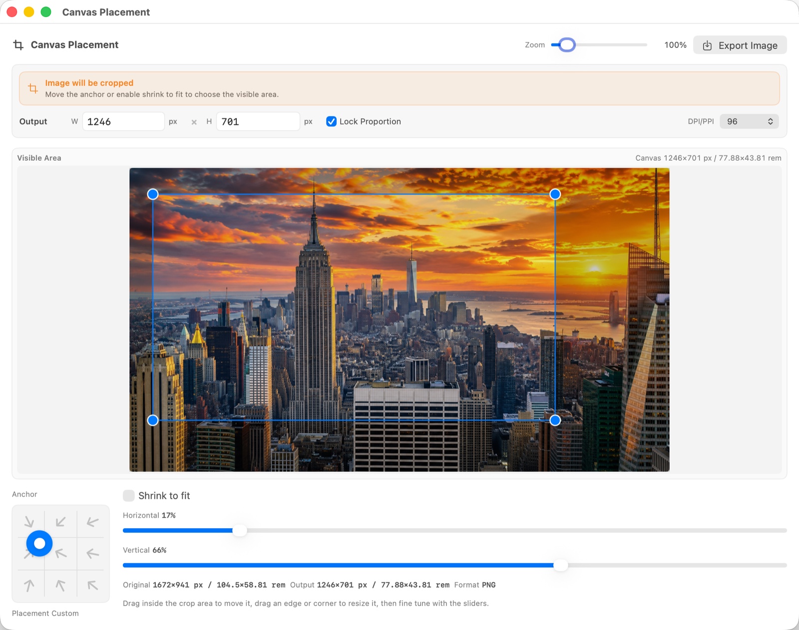Canvas Placement window showing a city image crop area with shrink to fit disabled and custom placement sliders.