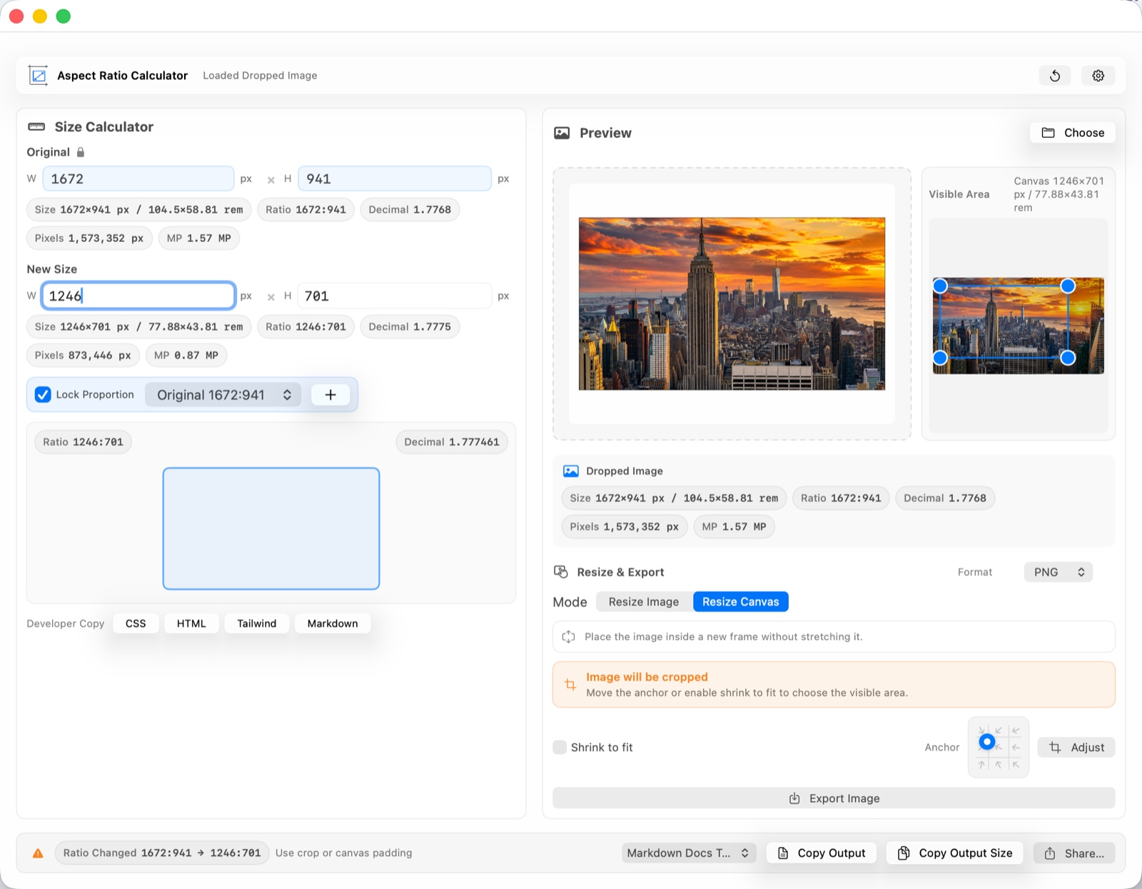 Main Aspect Ratio Calculator window with a city image loaded and an orange Image will be cropped warning in Resize Canvas mode.