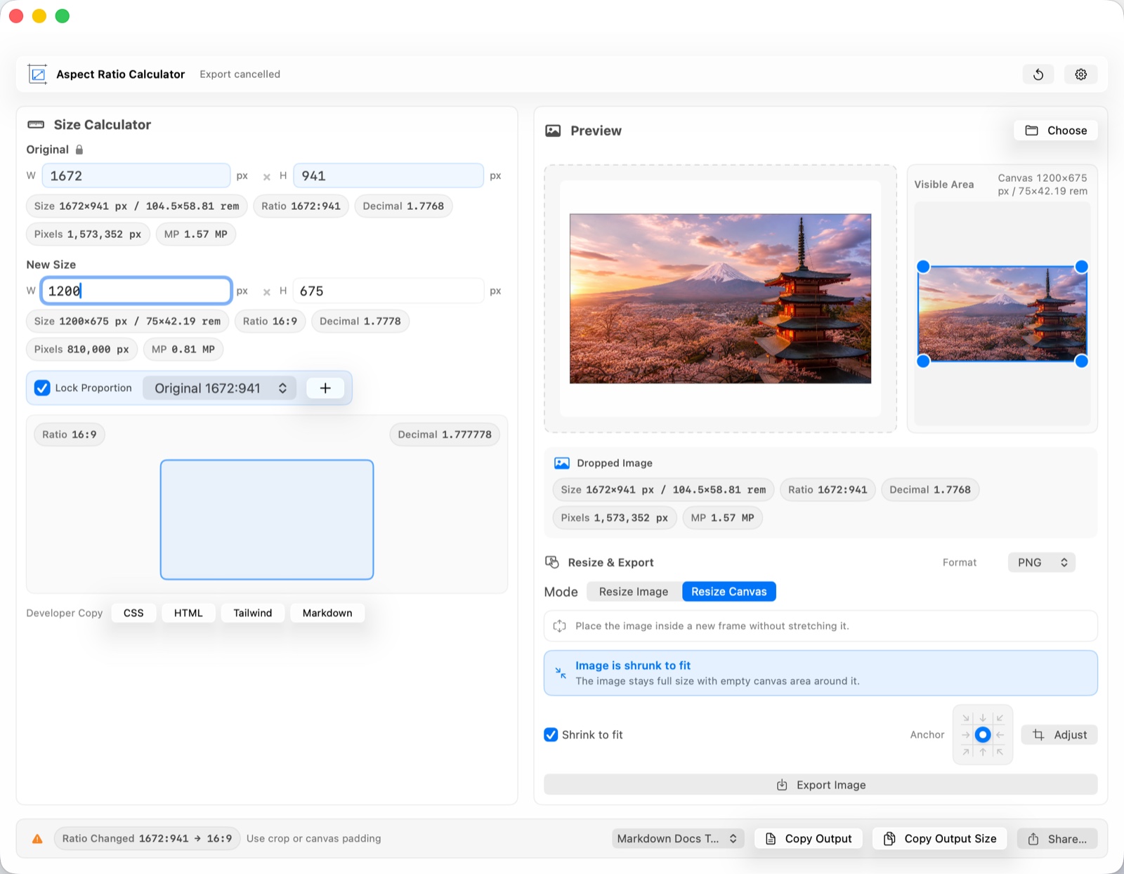 Aspect Ratio Calculator showing the Size Calculator, Preview, Resize Canvas controls, bottom Copy Output actions, and Share button.