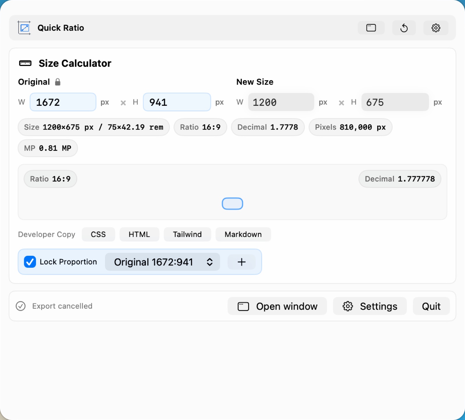 Quick Ratio menu bar app for fast size checks without opening the full window.