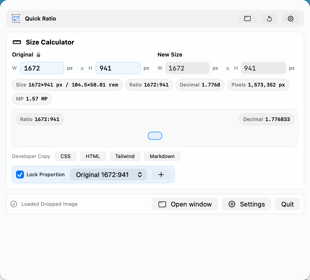 Quick Ratio menu bar window for lightweight image size checks.