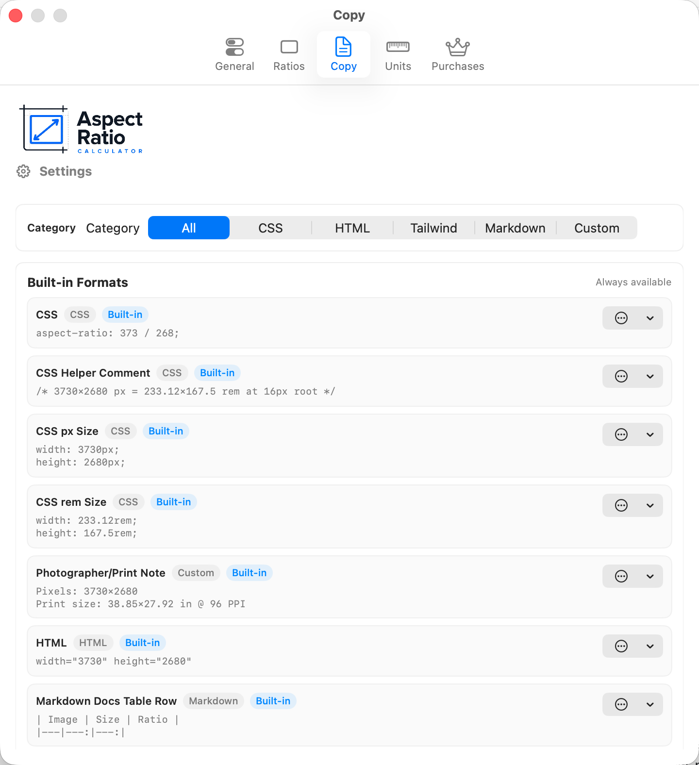 Copy settings showing built-in CSS, HTML, Tailwind, Markdown, and custom formats.